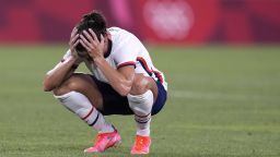 United States' Carli Lloyd reacts after being defeated 1-0 by Canada during a women's semifinal soccer match at the 2020 Summer Olympics, Monday, Aug. 2, 2021, in Kashima, Japan.. (AP Photo/Fernando Vergara)