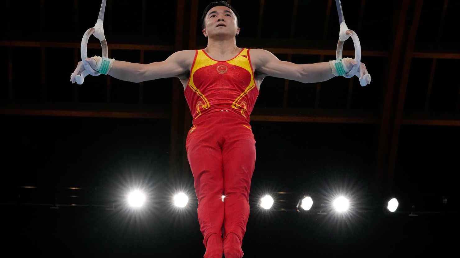 Liu Yang, of China, performs on the rings during the artistic gymnastics men's apparatus final at the 2020 Summer Olympics, Monday, Aug. 2, 2021, in Tokyo, Japan.