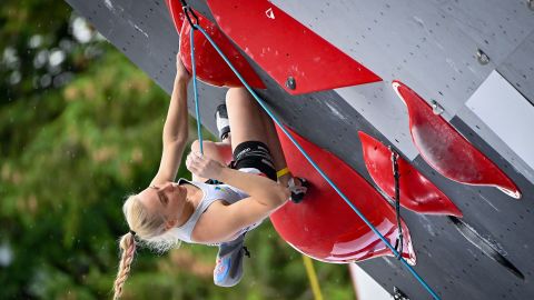 Slovenian climber Janja Garnbret competes in a Climbing IFSC World Cup event in Villars-sur-Ollon, Switzerland, on July 3, 2021.