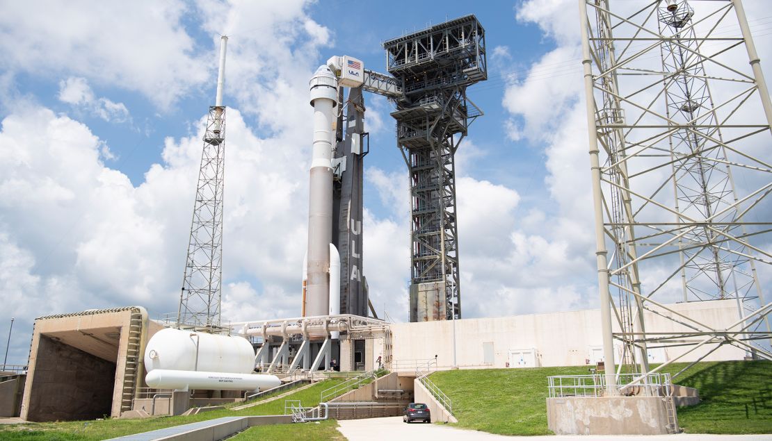 A United Launch Alliance Atlas V rocket with Boeings CST-100 Starliner spacecraft onboard is seen on the launch pad at Space Launch Complex 41 ahead of the Orbital Flight Test-2 (OFT-2) mission, Thursday, July 29, 2021 at Cape Canaveral Space Force Station in Florida. 