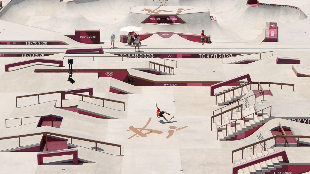 Peru's Angelo Caro Narvaez competes at the men's street skateboarding preliminaries on July 25.
