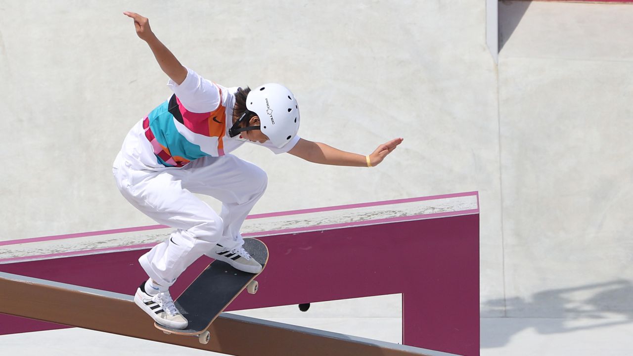 Japan's Momiji Nishiya competes at the Olympic street skateboarding preliminaries on July 26.