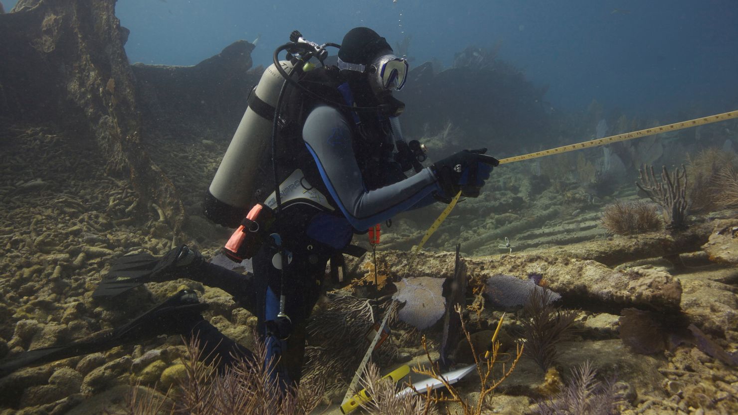 Kamau Sadiki surveying the Hanna M. Bell shipwreck in the Florida Keys.