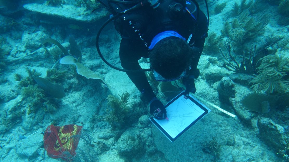 Diving With A Purpose lead instructor Kamau Sadiki creates an in-situ drawing of a shipwreck artifact.
