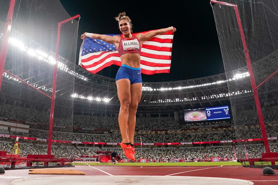 American Valarie Allman celebrates <a href="https://www.cnn.com/world/live-news/tokyo-2020-olympics-08-02-21-spt/h_9c313d4717e617966da08ec40cab0b49" target="_blank">winning the gold medal</a> in the discus on August 2.