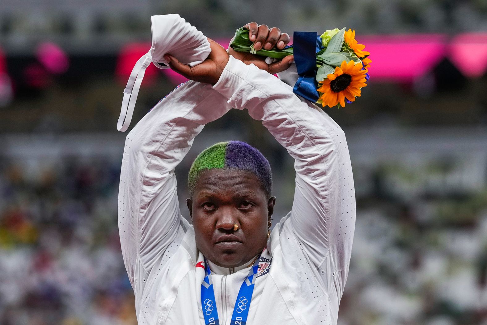 During the medal ceremony for the women's shot put, the United States' Raven Saunders lifted her arms above her head and made an X with her wrists. When the silver medalist was asked what <a href="index.php?page=&url=https%3A%2F%2Fwww.cnn.com%2F2021%2F08%2F02%2Fsport%2Fraven-saunders-podium-protest-olympics-spt-intl%2Findex.html" target="_blank">the gesture</a> meant, she explained that "it's the intersection of where all people who are oppressed meet." Saunders has been outspoken in the past about <a href="index.php?page=&url=https%3A%2F%2Fwww.cnn.com%2F2021%2F05%2F27%2Fsport%2Fraven-saunders-olympics-shot-put-spt-intl-cmd%2Findex.html" target="_blank">her desire to destigmatize mental health.</a> "Shout out to all my Black people. Shout out to all my LGBTQ community. Shout out to all my people dealing with mental health," she said. "At the end of the day, we understand it's bigger than us and it's bigger than the powers that be."