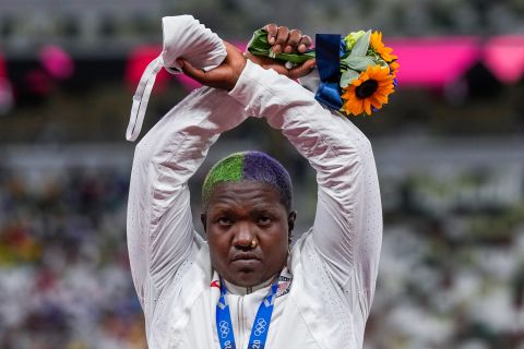 During the medal ceremony for the women's shot put, the United States' Raven Saunders lifted her arms above her head and made an X with her wrists. When the silver medalist was asked what <a href="https://www.cnn.com/2021/08/02/sport/raven-saunders-podium-protest-olympics-spt-intl/index.html" target="_blank">the gesture</a> meant, she explained that "it's the intersection of where all people who are oppressed meet." Saunders has been outspoken in the past about <a href="https://www.cnn.com/2021/05/27/sport/raven-saunders-olympics-shot-put-spt-intl-cmd/index.html" target="_blank">her desire to destigmatize mental health.</a> "Shout out to all my Black people. Shout out to all my LGBTQ community. Shout out to all my people dealing with mental health," she said. "At the end of the day, we understand it's bigger than us and it's bigger than the powers that be."