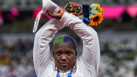 Raven Saunders poses with her silver medal in women's shot put at the 2020 Summer Olympics in Tokyo, Japan. 