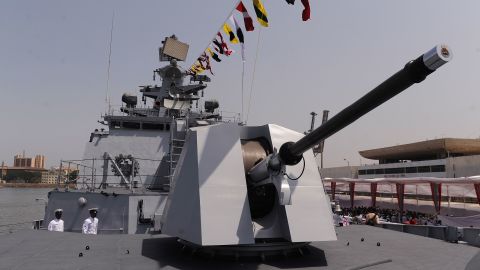 A gun is mounted on the Indian Navy's frigate INS Shivalik in Mumbai on April 29, 2010.