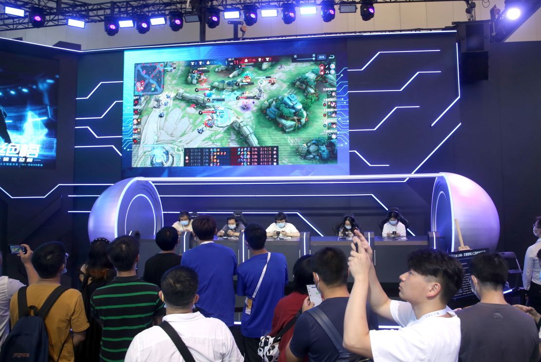 A photo taken on July 9, 2021 shows Tencent's game Honor of Kings at the Electronic Sports Human PK AI competition held at the World Artificial Intelligence Conference 2021 in Shanghai, China.