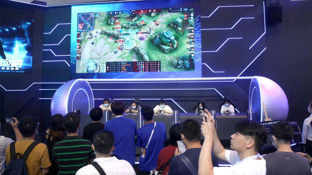 A photo taken on July 9, 2021 shows Tencent's game Honor of Kings at the Electronic Sports Human PK AI competition held at the World Artificial Intelligence Conference 2021 in Shanghai, China.