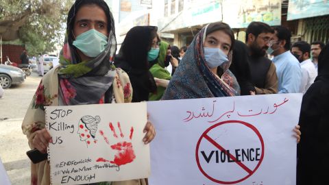 Members of Women Democratic Front and Civil Society Organization protest against violence after Noor Mukkadam's murder.  
