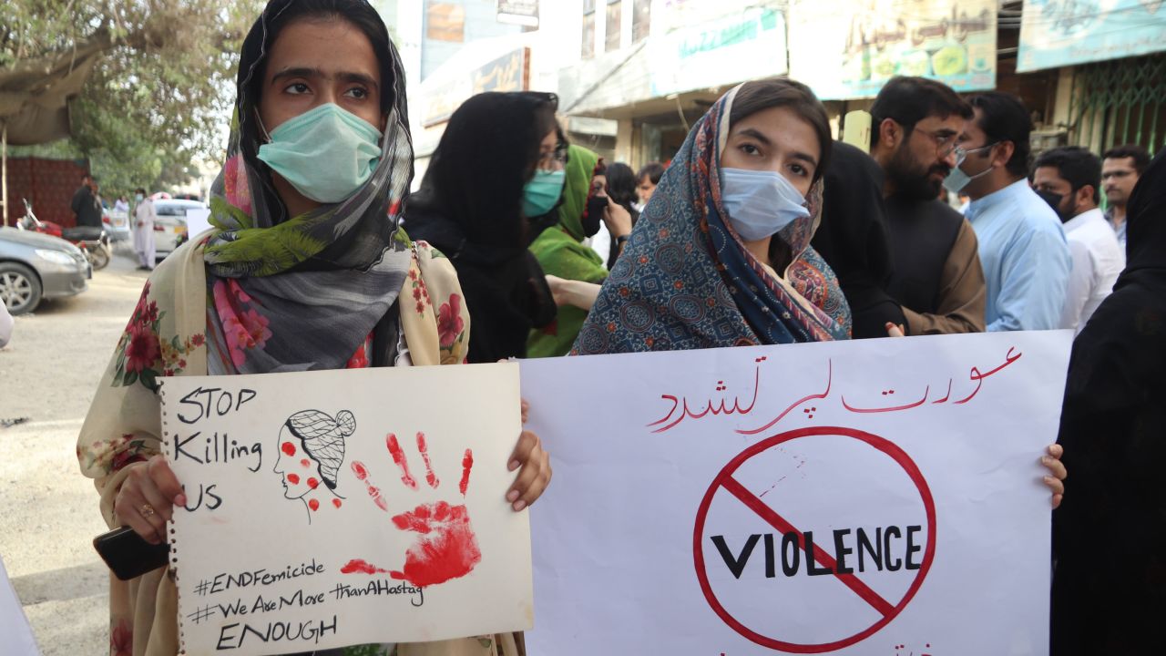 Members of Women Democratic Front and Civil Society Organization protest against violence after Noor Mukkadam's murder.  