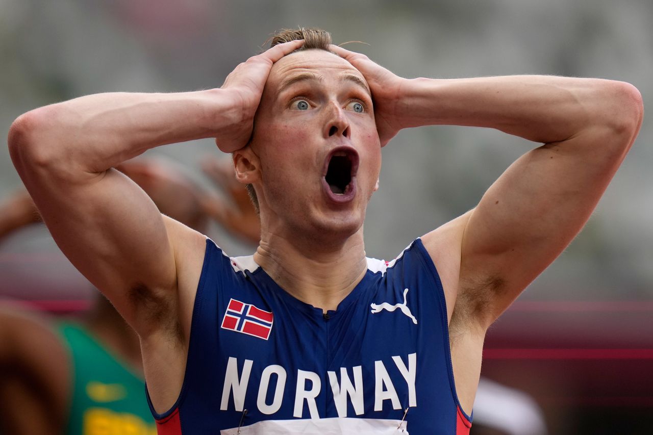 Norway's Karsten Warholm celebrates after winning gold in the 400-meter hurdles on August 3. Warholm finished the race in 45.94 seconds, <a href="https://www.cnn.com/world/live-news/tokyo-2020-olympics-08-02-21-spt/h_c575aefe40b0453a64105030fdda4b1c" target="_blank">breaking his own world record.</a>