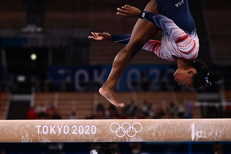 Biles was the third of eight gymnasts to compete on the beam Tuesday.