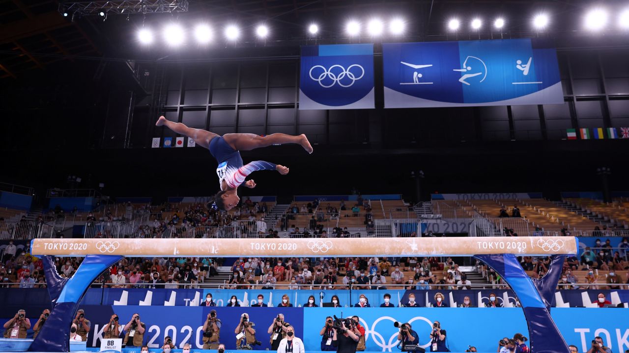 Biles performs her beam routine on Tuesday. She also won bronze in this event at the 2016 Olympics.