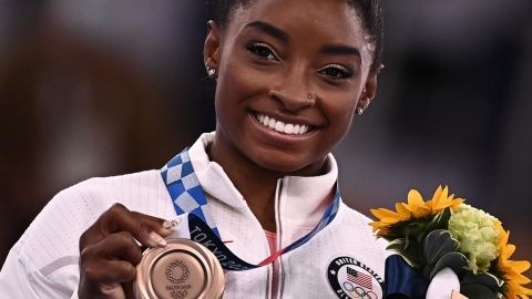 Simone Biles won a bronze medal in the women's balance beam competition on Tuesday.