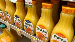 SAN RAFAEL, CA - OCTOBER 29:  52 ounce bottles of Tropicana orange juice are displayed on a shelf at a grocery store on October 29, 2018 in San Rafael, California. With a seasonal shortage of oranges and grapefruit, U.S. based orange juice makers, including Tropicana and Minute Maid, have downsized their bottles from 59 ounces to 52 ounces without lowering the price of the product.  (Photo by Justin Sullivan/Getty Images)