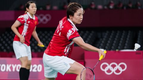 Chen Qingchen and Jia Yifan of China compete against Greysia Polii and Apriyani Rahayu of Indonesia during the badminton women's doubles gold medal match on day 10 of the Tokyo 2020 Olympic Games.