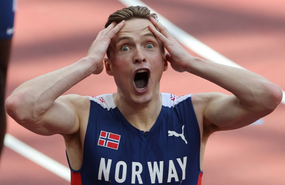 Warholm reacts after his gold medal and world record in the 400m hurdles final at the Tokyo Olympics.