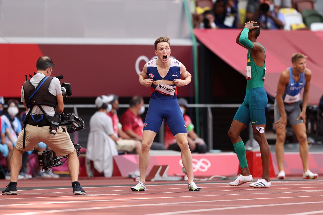 Warholm reacts to his 400m hurdles victory.