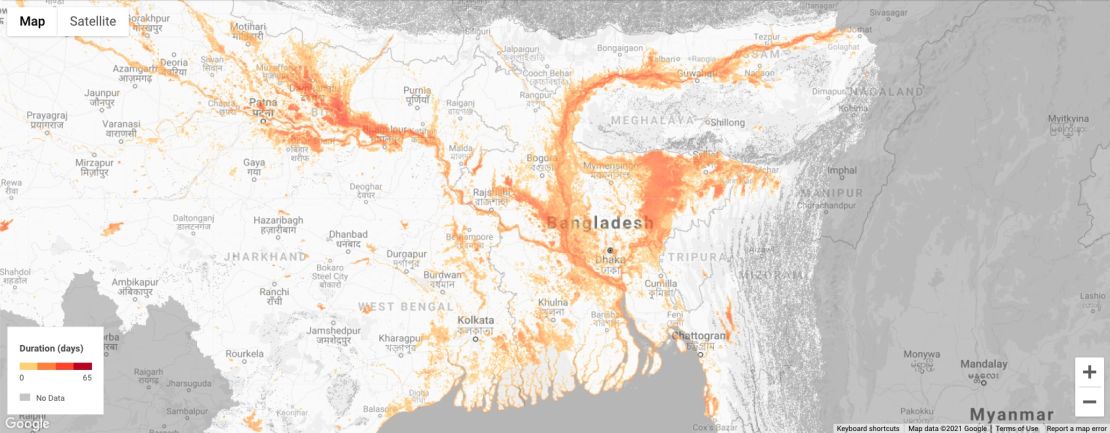 The Cloud to Street study mapped flood events and their duration around the world. Rain caused 86 days of flooding across South Asia in 2007, displacing millions of people in India, Nepal, Bhutan, Pakistan and Bangladesh, according to the Cloud to Street global flood database.