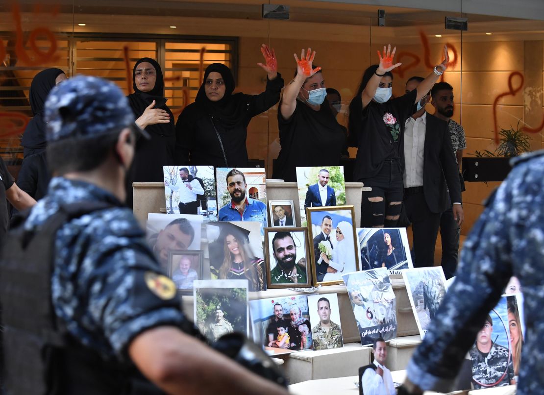  Relatives of the victims of Beirut Port blast gather in front of the house of Lebanon's Interior Minister, Mohammad Fahmi during a protest demanding the fair conduct of the investigation for the explosion in the Port of Beirut on Aug 4th in 2020,  in Beirut, Lebanon on July 13, 2021. 
