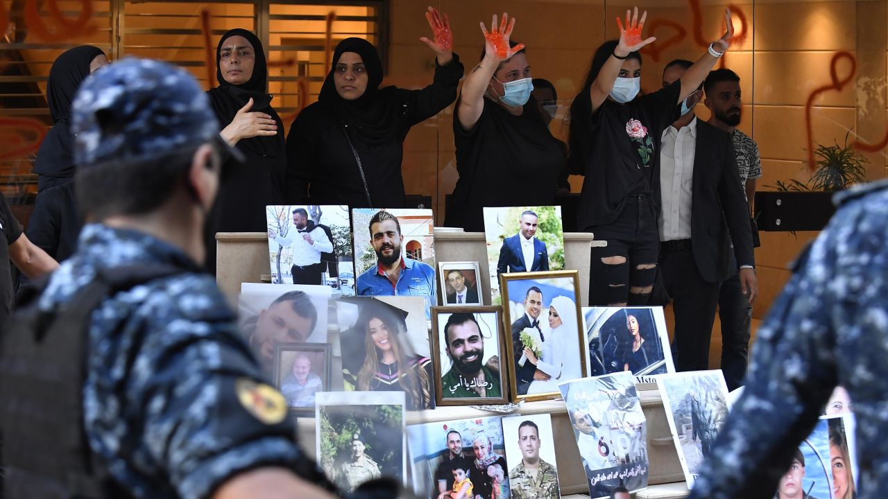 Relatives of the victims of Beirut Port blast gather in front of the house of Lebanon's Interior Minister, Mohammad Fahmi during a protest demanding the fair conduct of the investigation for the explosion in the Port of Beirut on Aug 4th in 2020, in Beirut, Lebanon on July 13, 2021.
