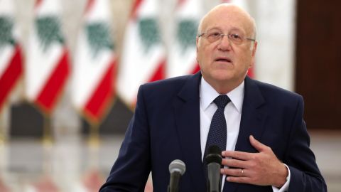 Najib Mikati, Lebanon's prime minister designate, speaks during a news conference at the Presidential Palace in Beirut, Lebanon, on Monday, July 26, 2021. 