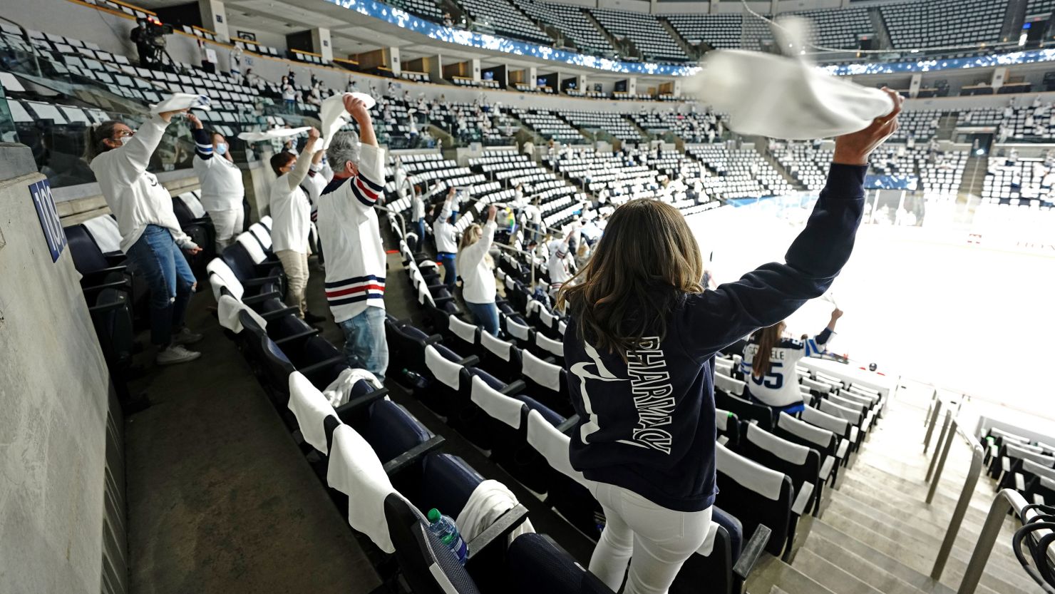 People watch the Winnipeg Jets play the Montreal Canadiens on June 2 in Winnipeg, Canada. Under Manitoba's new orders, professional sporting events can open to 100% capacity for vaccinated people