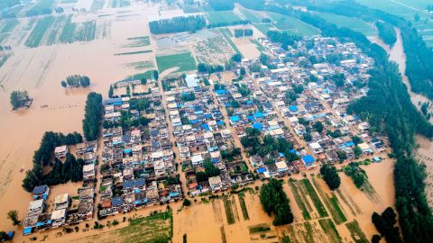 An aerial view of the flood Pengcun village in Xunxian county in central China's Henan province on Friday, July 23, 2021.  