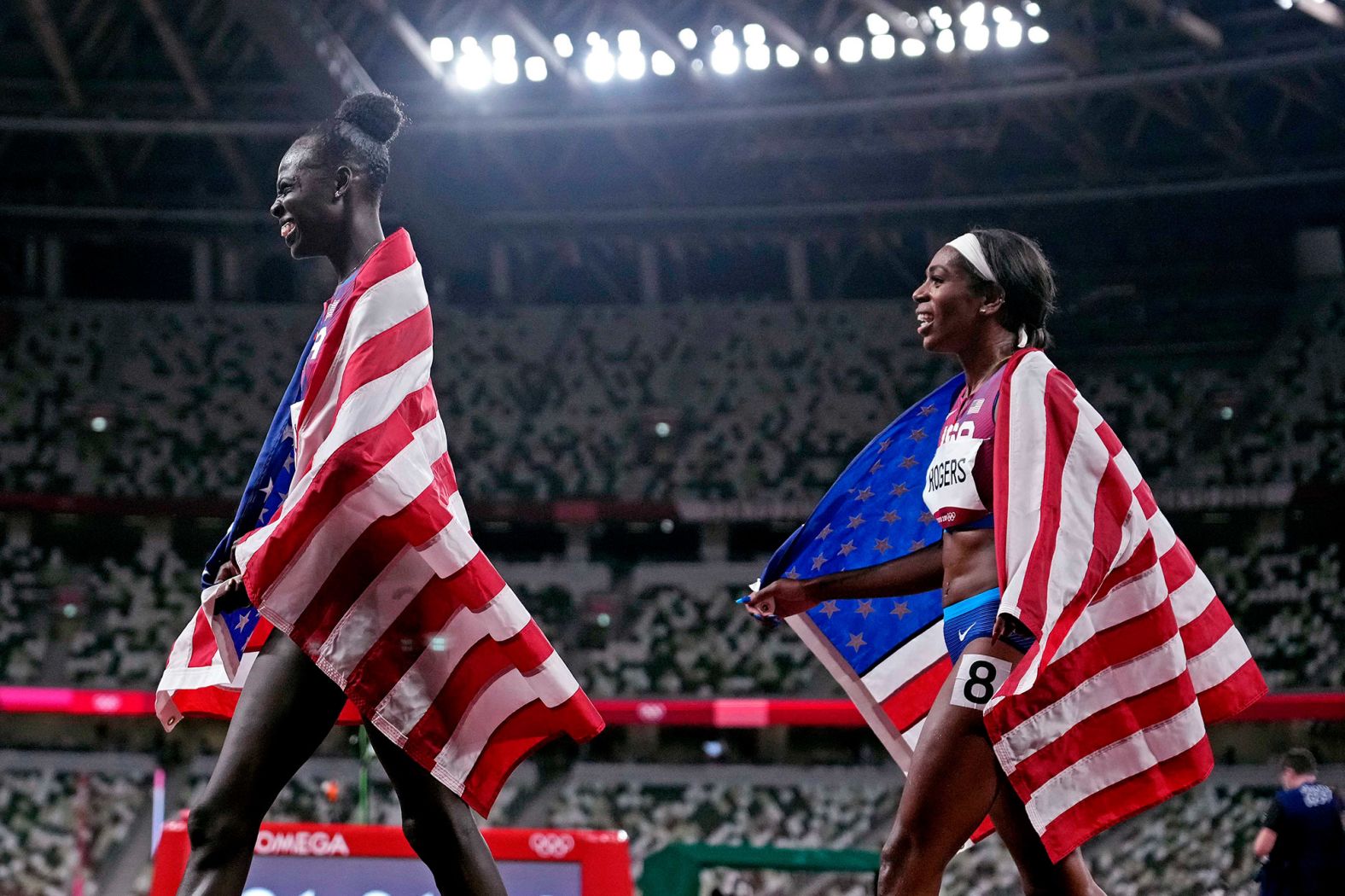 American runners Athing Mu, left, and Raevyn Rogers celebrate after the 800 meters on August 3. Mu, 19, won the gold and is <a href="index.php?page=&url=https%3A%2F%2Fwww.cnn.com%2Fworld%2Flive-news%2Ftokyo-2020-olympics-08-03-21-spt%2Fh_4ae43952a2625a65718b5cbc88da554d" target="_blank">the second-youngest 800-meter champion in history.</a> Rodgers won the bronze.
