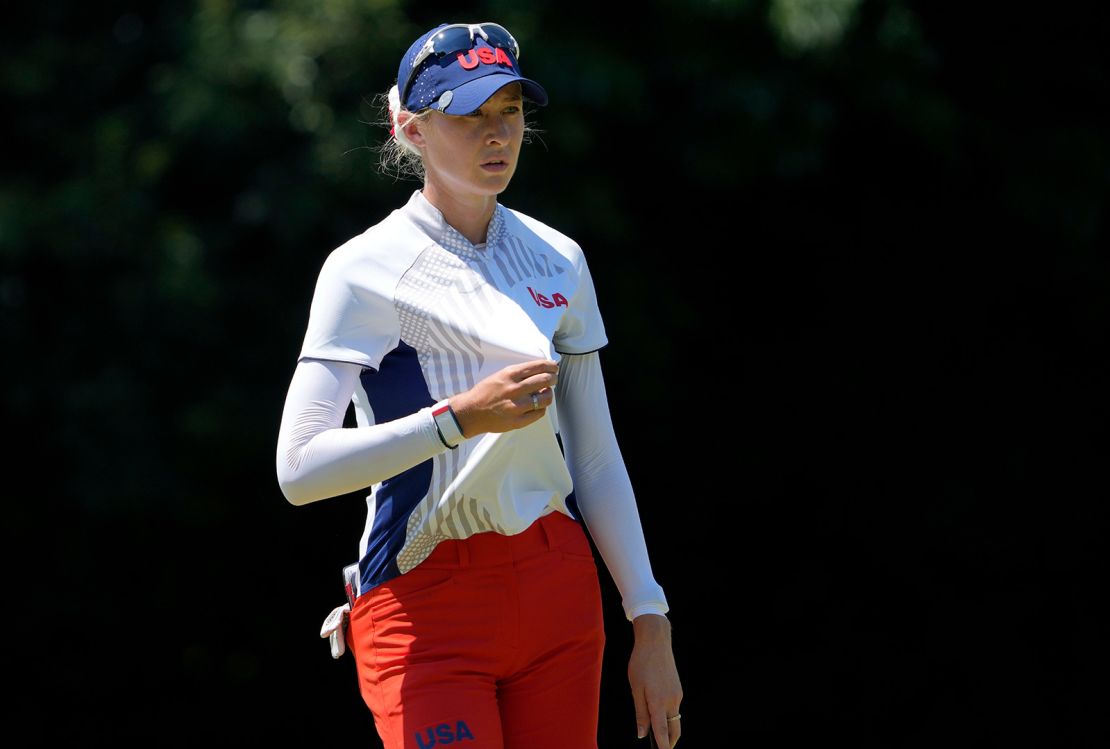 Korda gestures on 18th hole during the first round of the women's golf event at the 2020 Summer Olympics.
