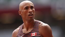 TOKYO, JAPAN - AUGUST 04: Damian Warner of Team Canada reacts during the Men's Decathlon 100m heats on day twelve of the Tokyo 2020 Olympic Games at Olympic Stadium on August 04, 2021 in Tokyo, Japan. (Photo by Cameron Spencer/Getty Images)