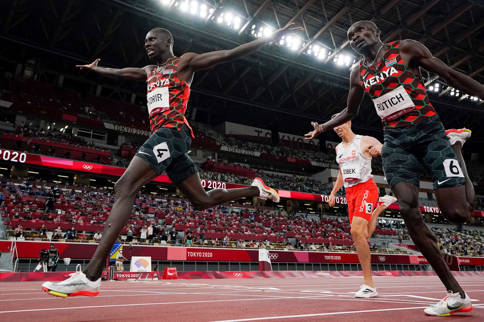 Emmanuel Korir, left, crosses the finish line just ahead of fellow Kenyan Ferguson Rotich <a href="index.php?page=&url=https%3A%2F%2Fwww.cnn.com%2Fworld%2Flive-news%2Ftokyo-2020-olympics-08-04-21-spt%2Fh_0ecaf8fa5aa10f4087557bd3420c96b7" target="_blank">to win gold in the 800 meters</a> on August 4. Kenyan runners have won the 800 at the last four Olympics.