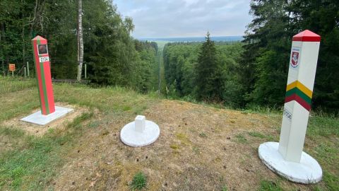 Border stones mark the line between Belarus and Lithuania.