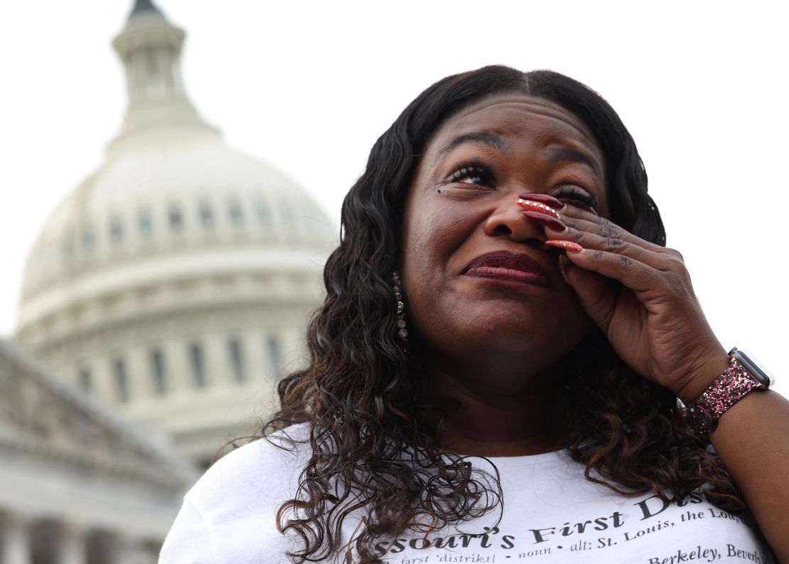 U.S. Rep. Cori Bush (D-MO) becomes emotional during a news conference on the eviction moratorium at the Capitol on August 03, 2021 in Washington, DC.