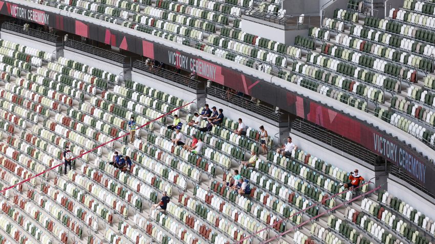 Rows of empty seats are seen in the Olympic Stadium as the Athletics continues on day 12 of the Tokyo Olympic Games on August 04, 2021 in Tokyo, Japan. Spectators have been barred from most Olympic events due to the ongoing Covid-19 pandemic, which also caused the Games' yearlong postponement.