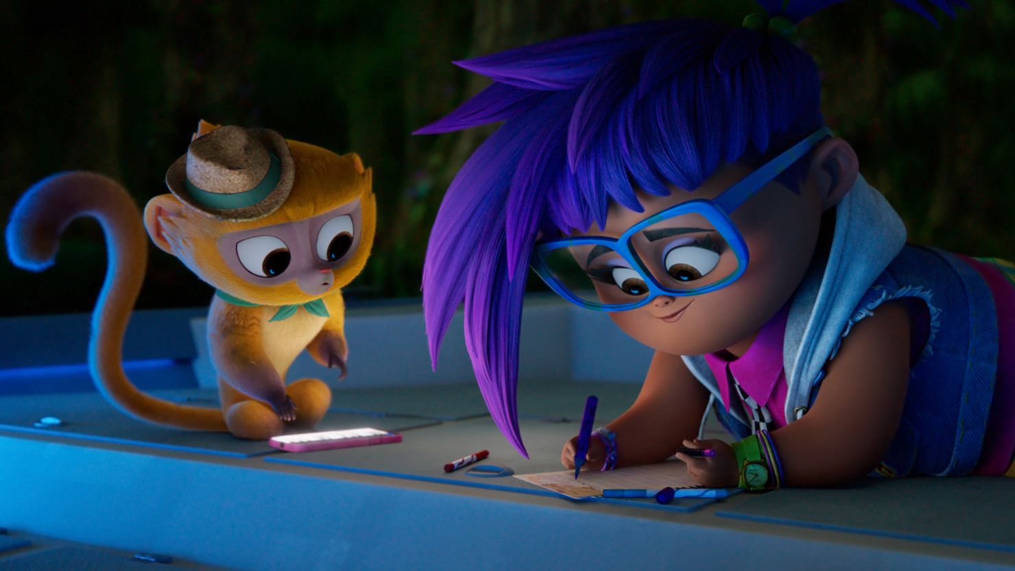 'Vivo (voiced by Lin-Manuel Miranda) and Gabi (Ynairaly Simo) in the animated musical 'Vivo.'