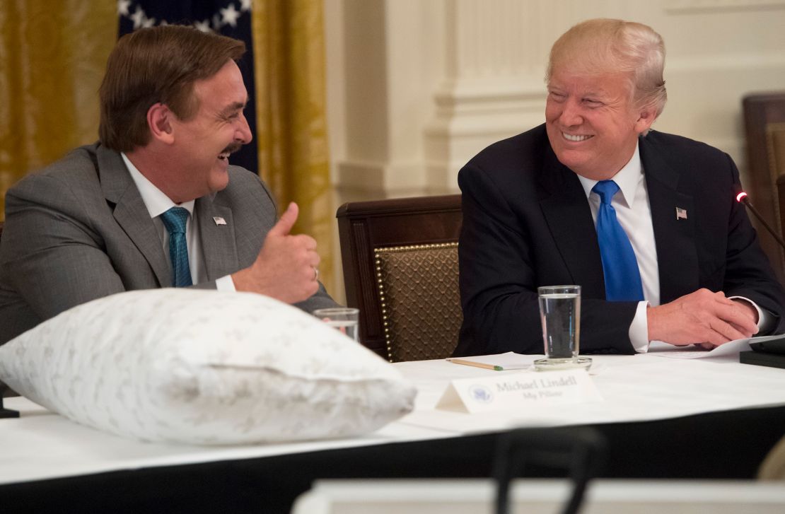 President Donald Trump speaks alongside MyPillow CEO Mike Lindell, during a "Made in America" event with US manufacturers at the White House on July 19, 2017. 