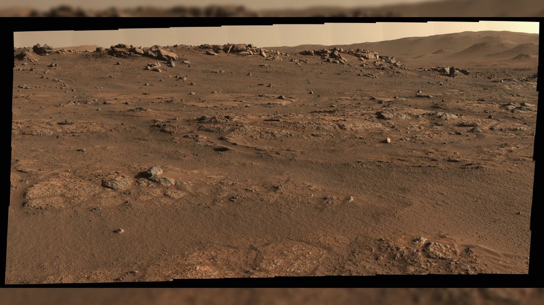 Perseverance shows off its "office space" in this panorama of its first drill site at the "Crater Floor Fractured Rough" unit. 