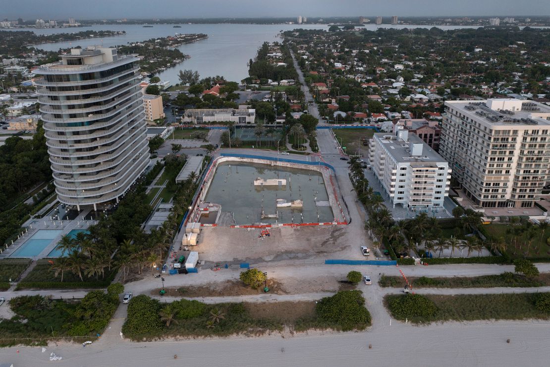 In this aerial view, the cleared lot that was where the collapsed 12-story Champlain Towers South condo building once stood in Surfside, Florida. 