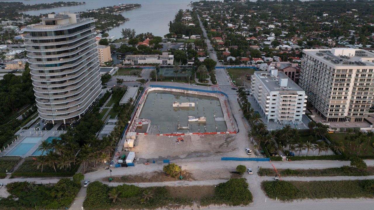 In this aerial view, the cleared lot that was where the collapsed 12-story Champlain Towers South condo building once stood in Surfside, Florida. 