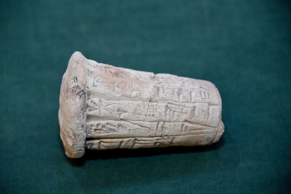 A Mesopotamian clay cone bearing cuneiform inscriptions.