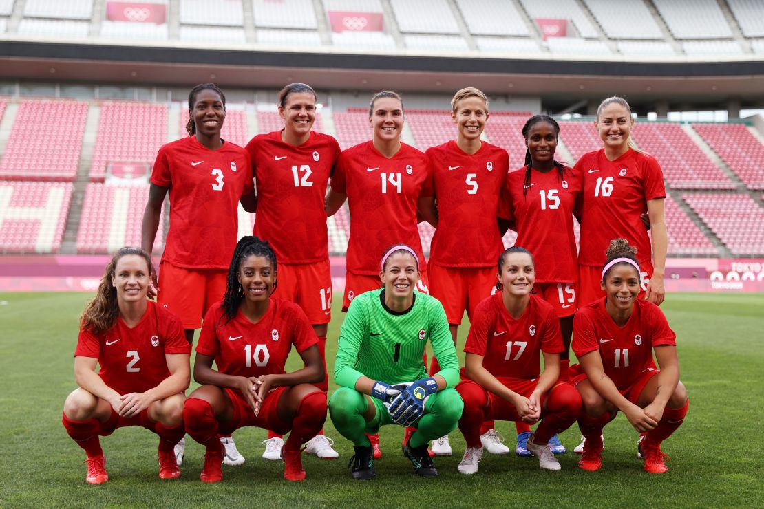 Players of Team Canada pose for a team photograph prior to the semifinal against the United States.