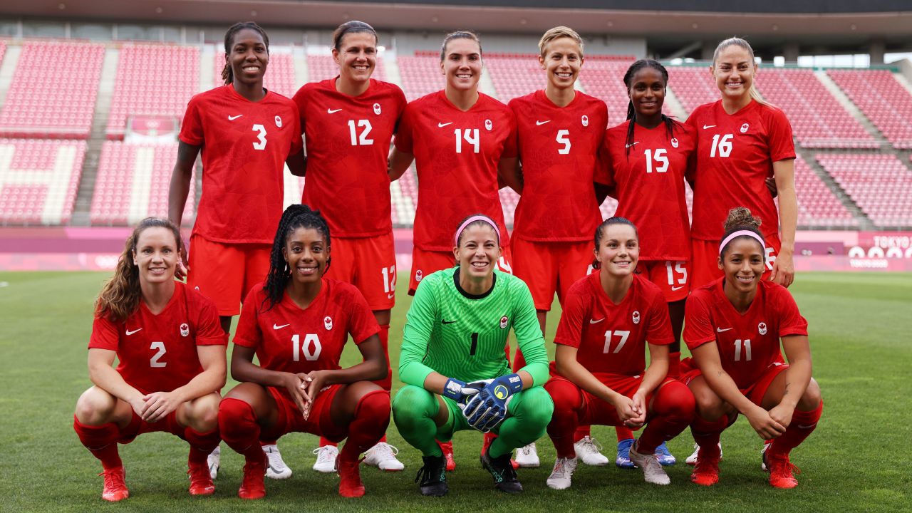 Players of Team Canada pose for a team photograph prior to the semifinal against the United States.