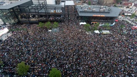Fans pack the Deer District during game six of the 2021 NBA Finals at Fiserv Forum on July 20, 2021.
