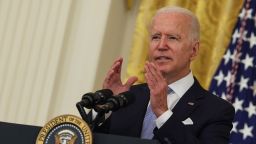 U.S. President Joe Biden gestures as he delivers remarks in the East Room of the White House on July 29, 2021 in Washington, DC. President Biden spoke on his administration's effort to get more Americans vaccinated and plan to combat the spread of the Delta variant. 