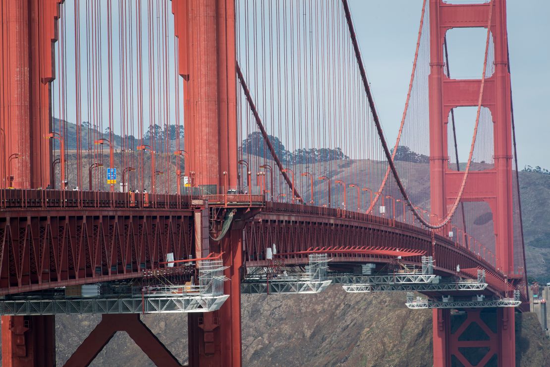 Scaffolding used for installing a suicide net is seen on the Golden Gate Bridge in San Francisco in 2019.