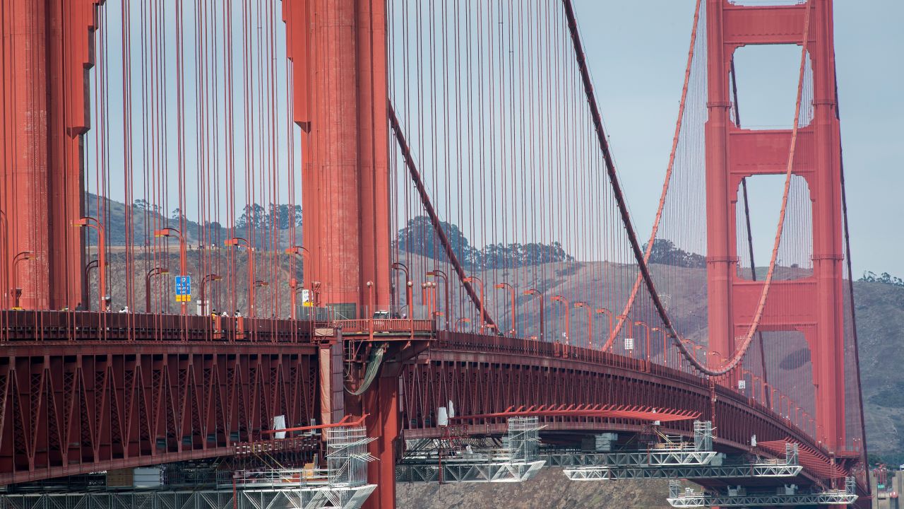 Scaffolding used for installing a suicide net is seen on the Golden Gate Bridge in San Francisco in 2019.